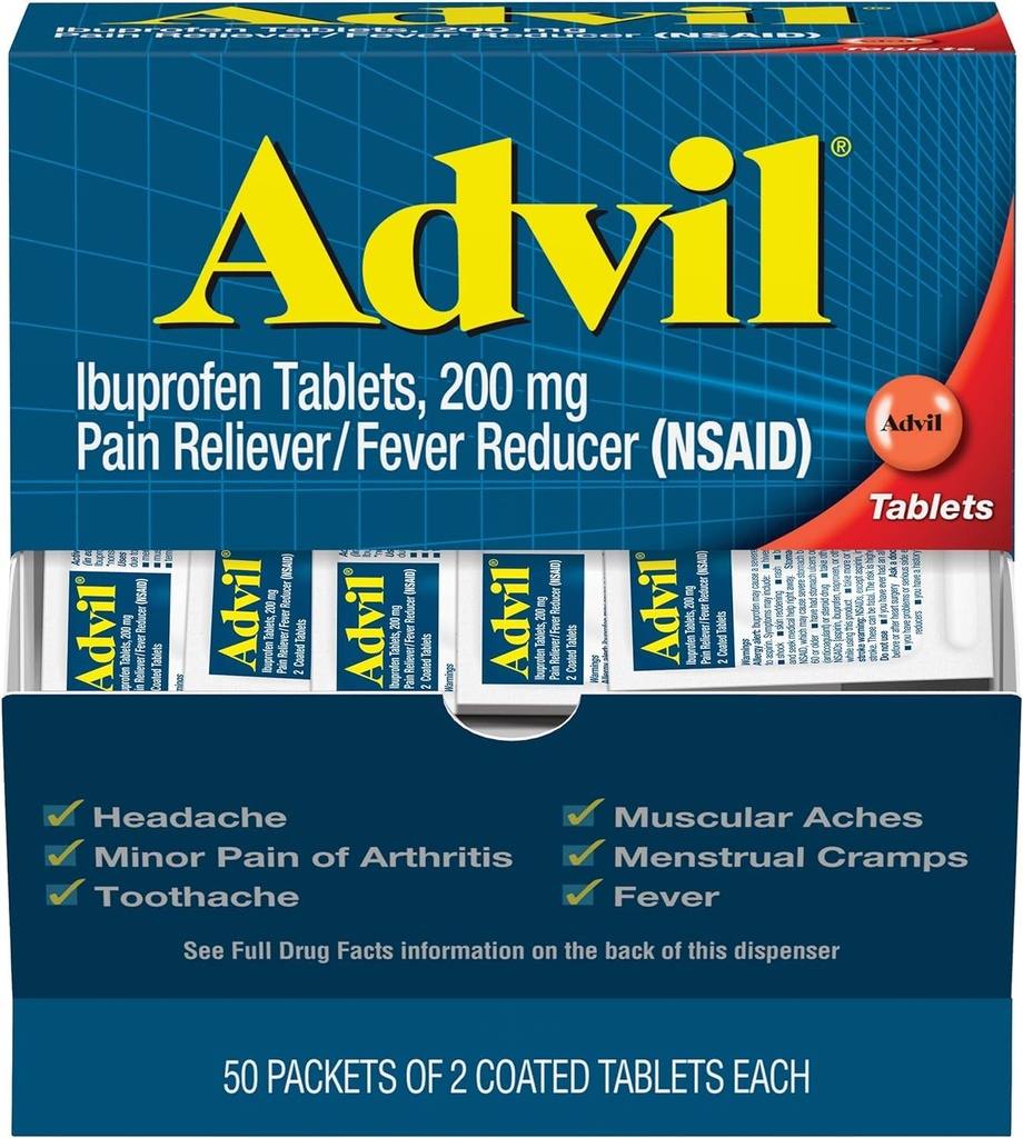 Comprimés advil Ibuprofène, 200 mg anti-douleur/réducteur de fièvre (AINS), 100 comprimés (50 paquets de 2 comprimés chacun)