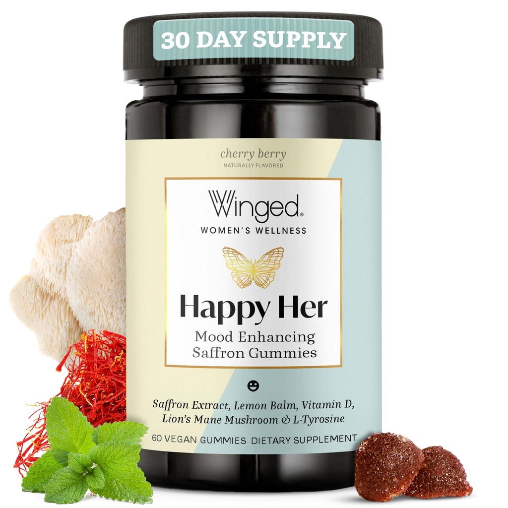 Winged Wellness Happy Her Mood Gummies - Daily Mood Enhancer Support Supplement für Damen - Safran, Zitronenbalsam, Vitamin D & Lions Männliche Pilze für Balance & Calming Relief - 50 Vegan Gummies