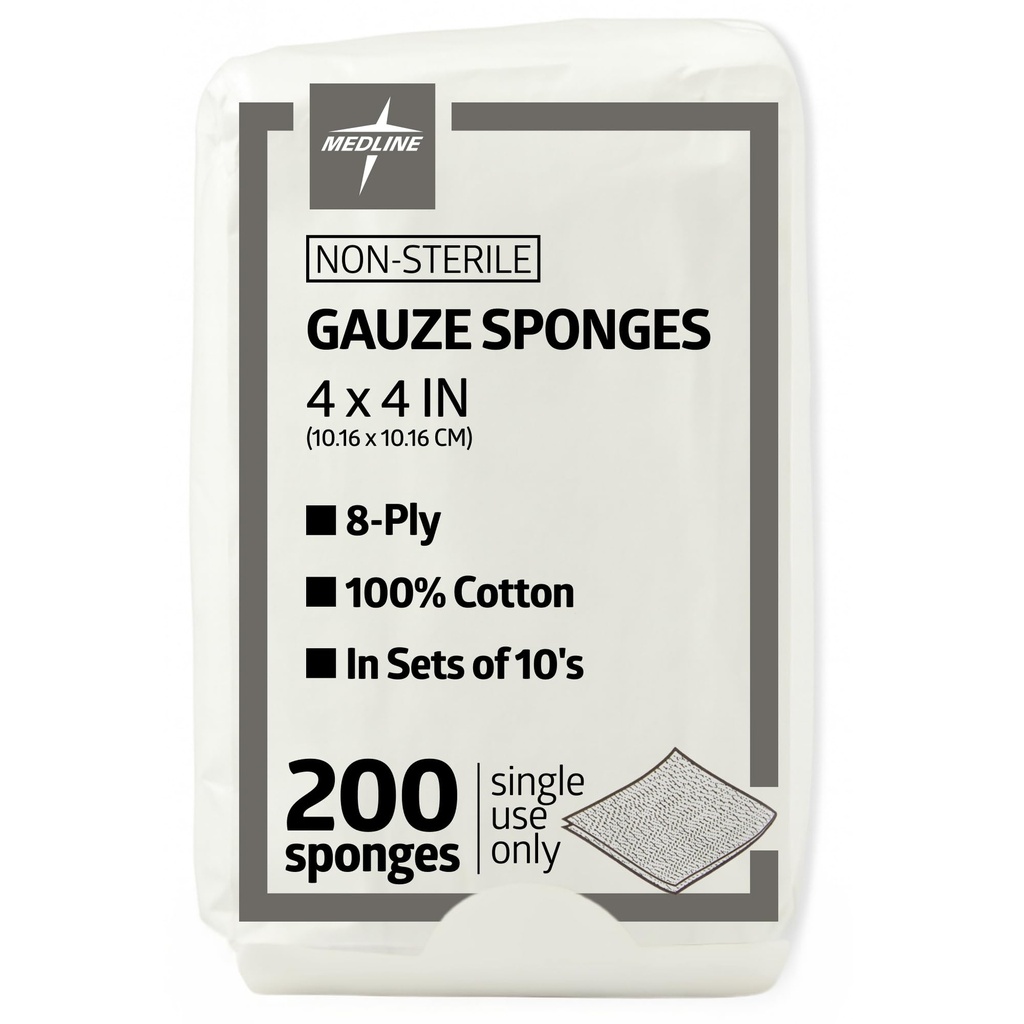 Medline 4 x 4 Zoll Gauze Schwämme, nicht-Sterile 8-Ply Woven Gauze, 100% Baumwolle, Ideal für Wund Dressing, Wund Care, General First Aid Use, Pack von 200