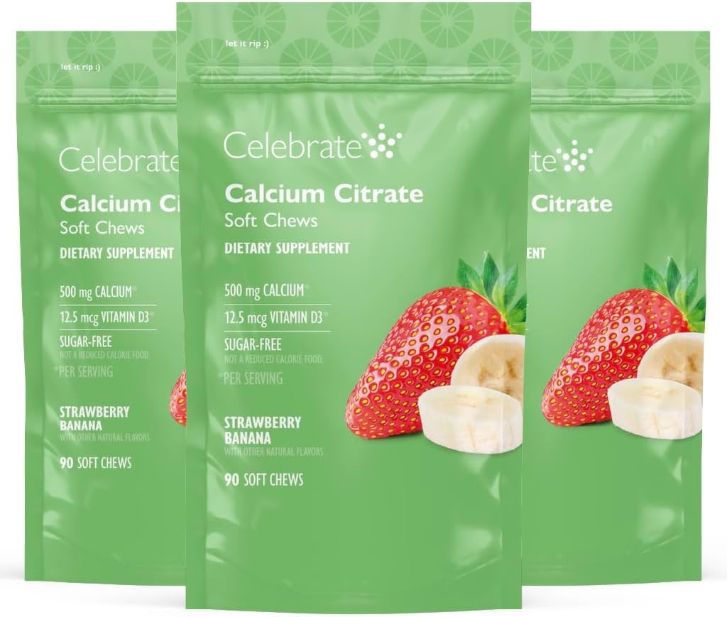 Célébrez les vitamines bariatriques 500mg Citrate de calcium Chews doux avec 500 UI de vitamine D3 – essentiel pour les patients de passage gastrique et santé des os - sans sucre et sans gluten, banane fraise (270 Chews)