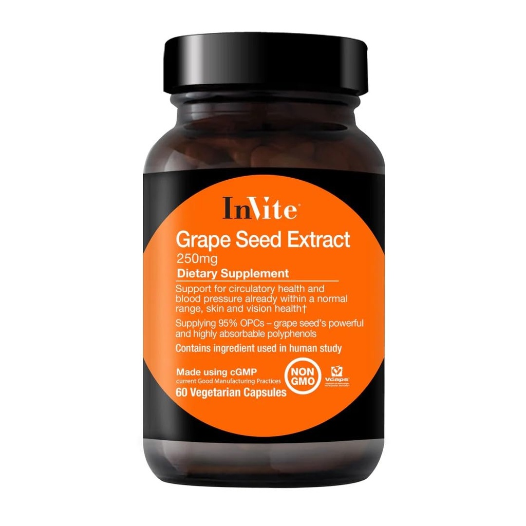 Inviter Santé - Extrait de graines de raisin - Soutien à la santé circulatoire et à la pression artérielle déjà dans une gamme normale - 60 capsules végétariennes - 30 jours d'approvisionnement