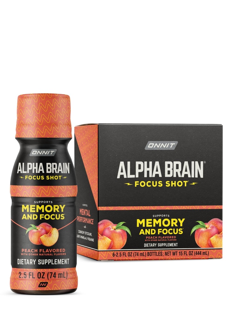 ONNIT Alpha Brain Focus Shot, Peach Flavor, Nootropic Nahrungsergänzungsgetränk, das Energie, Fokus und Stimmung unterstützt, IGENTM Non-GMO Getestet, 2.5 fl oz, 6 Count