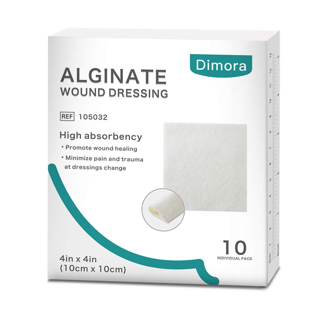 Dimora Calcium Alginate Wound Dressing, 4'' x 4'' Patches,10 Pads individuels stériles, Douce et très absorbante Dressing Gauze, Non-Padding