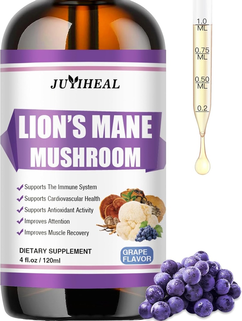 Lions Mane Liquid - Gehirnunterstützung, Energie, Gedächtnis & Fokus - Zucker & Alkoholfreie Lions Mane Ergänzung - 4 Fl OZ, 4 Monate Versorgung, Trauben Geschmack
