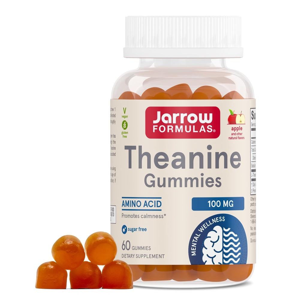 Jarrow Formulas® Theanine 100 mg Gommies, complément alimentaire qui favorise le calme, 60 Gommies aromatisées aux pommes, 60 jours d'approvisionnement