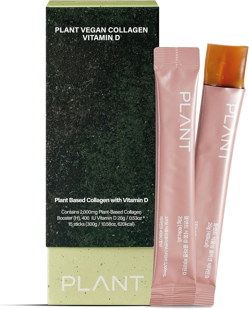 Collagène végétalien avec vitamine D3 (15 bâtons) - Supplément collagène à base végétale, Peptides de collagène à faible teneur moléculaire, soins de la peau coréens. Citrus Yuzu Flavor.