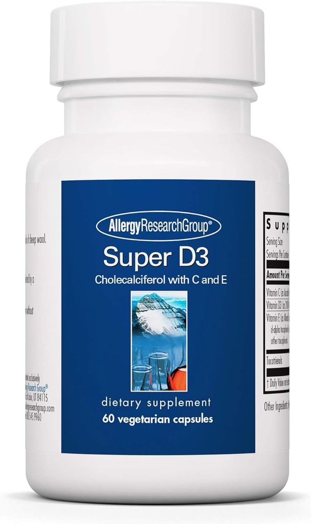 Allergy Research Group Super D3 Nahrungsergänzung - Knochen & Immununterstützung, Cholecalciferol mit C & E, Vegetarische Kapseln, Glutenfrei - 60 Count