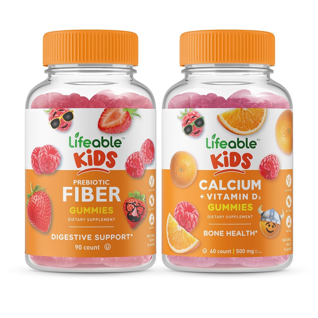 Lifeable Prebiotic Fiber Kids + Calcium mit Vitamin D Kids, Gummis Bundle - Große Verkostung, Vitamin Supplement, Glutenfrei, GMO frei, Kaugummi