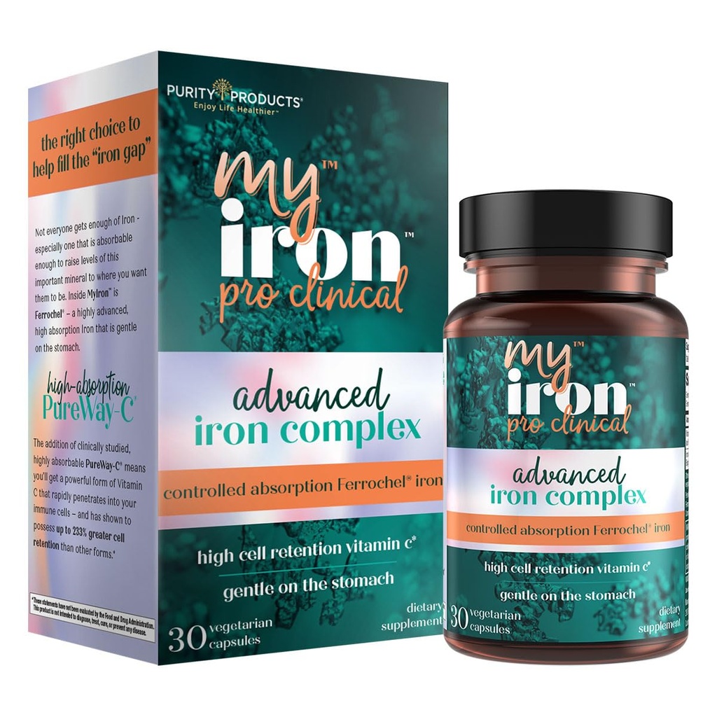 MyIron ProClinical by Purity Products - Eisen (Ferrous Bisglycinate Chelelate) + Vitamin C (PureWay-C) - Gentle on The Stomach - Controlled Absorption - Fördert gesunde rote Blutzellen - 30 Count (1)