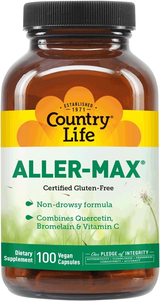 Country Life Aller-Max - Quercetin-Ergänzungen mit Bromelain - Immununterstützung mit Vitamin C, Zink und Botanische Mischung - Certified Gluten-Free, Vegan (100 Count (Pack von 1))