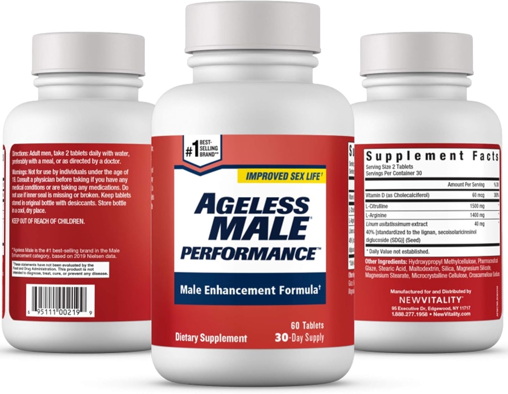 Ageless Male Performance Nitric Oxide Booster für Männer - Förderung von Blutzirkulation, Arousal, Energieproduktion, Antrieb, Stamina, Health Supplement (60 Tabletten, 1 Flasche)