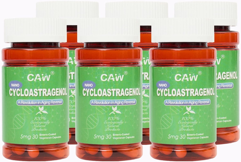 CAW Nano Cycloastragenol 98% 5mg 30 Caps Exclusivité Telomere Anti-Aging Plus Exclusivité, Fabriqué aux États-Unis Exclusivité meilleure Absorption, Capsules végétales entériques (6 bouteilles)