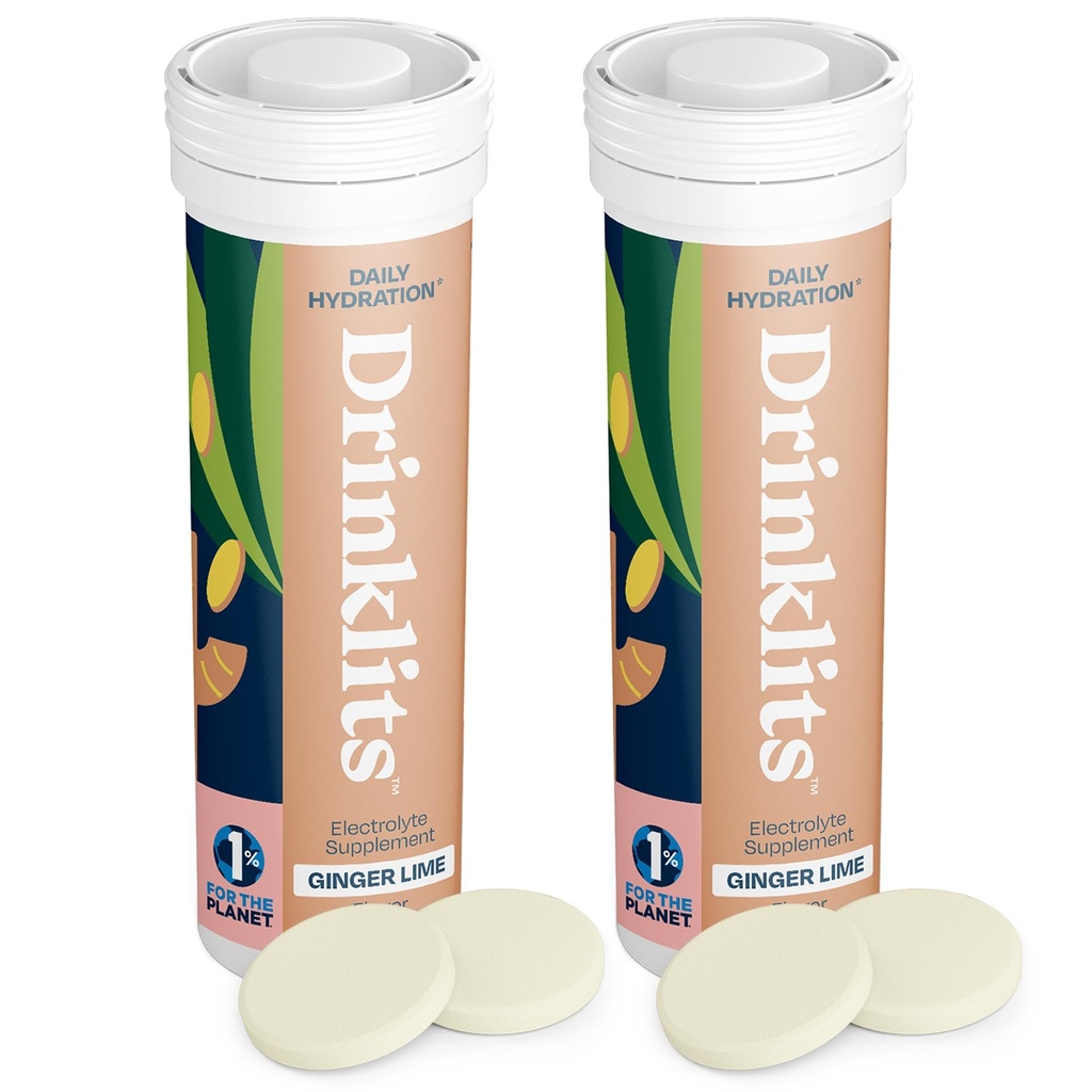 Drinklits Ginger-Lime Daily Hydration Tablets (2) Tube Bundle | Made with Organic Ginger – 0g Sugar – Essential Electrolytes | 20 Servierungen - 10 Tablets pro Tube