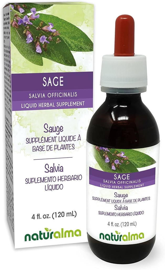 Naturalma Sage (Salvia officinalis) Blatt Alkoholfreie Tinktur - 4 fl oz Flüssiger Extrakt in Tropfen - Kräuterergänzung - Vegan