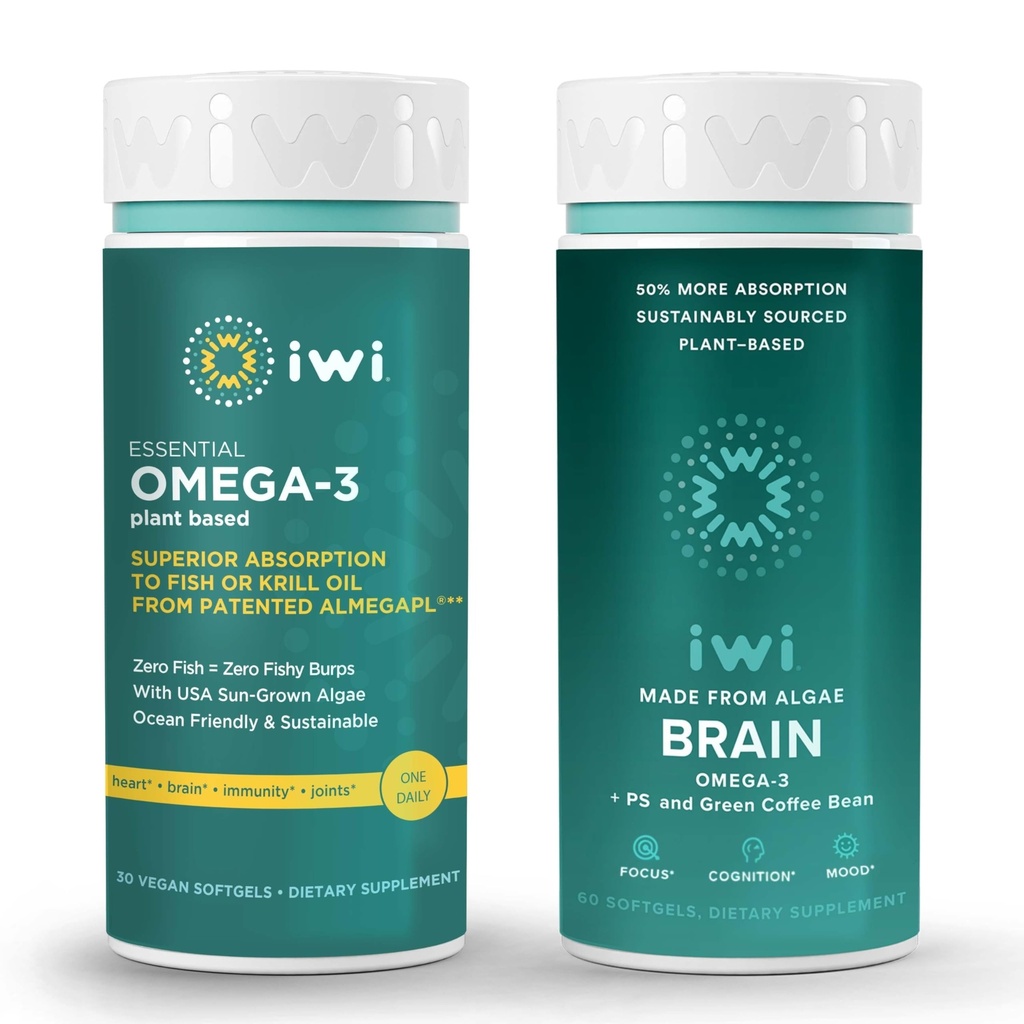 Iwi Omega-3 Essential & Brain Omega-3 Bundle, 30 Servierungen, Vegan pflanzenbasierte Algen Omega 3 mit EPA + DHA, Krill & Fisch Öl Alternative, keine Fishy Nachgeschmack