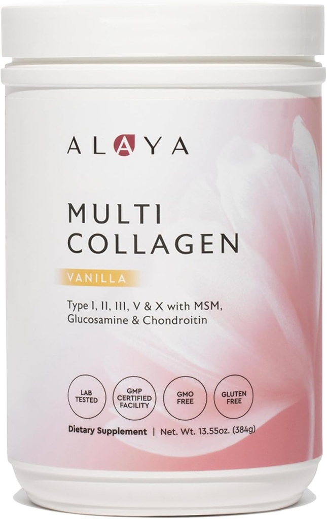 Alaya Multi Collagen Powder - Typ I, II, III, V, X Hydrolysierte Collagen Peptides Protein Powder Supplement mit MSM + GC (Vanilla)
