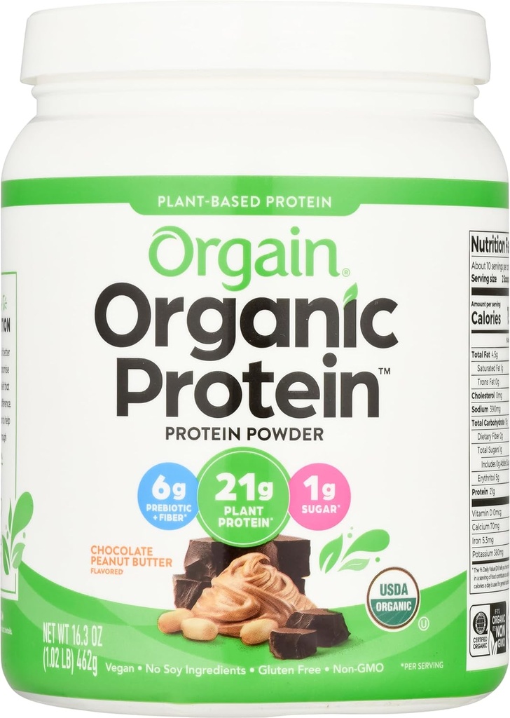 Orgain Organic Vegan Protein Pulver, Schokolade Peanut Butter - 21g pflanzliches Protein, Low Net Carbs, Non Dairy, Glutenfrei, Lactosefrei, Ohne Zucker Hinzugefügt, Soy Free, Kosher, 1.02 Pfund