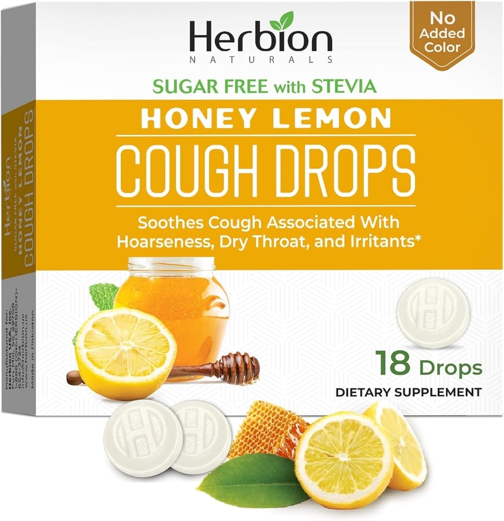 HERBION Naturals Cough Drops, Sugar-Free mit Stevia, Nahrungsergänzung, Soothes Cough, für Erwachsene & Kinder über 6 Jahre, 25 Drops Jeder (18 Count (Pack of 1), Honey Lemon)