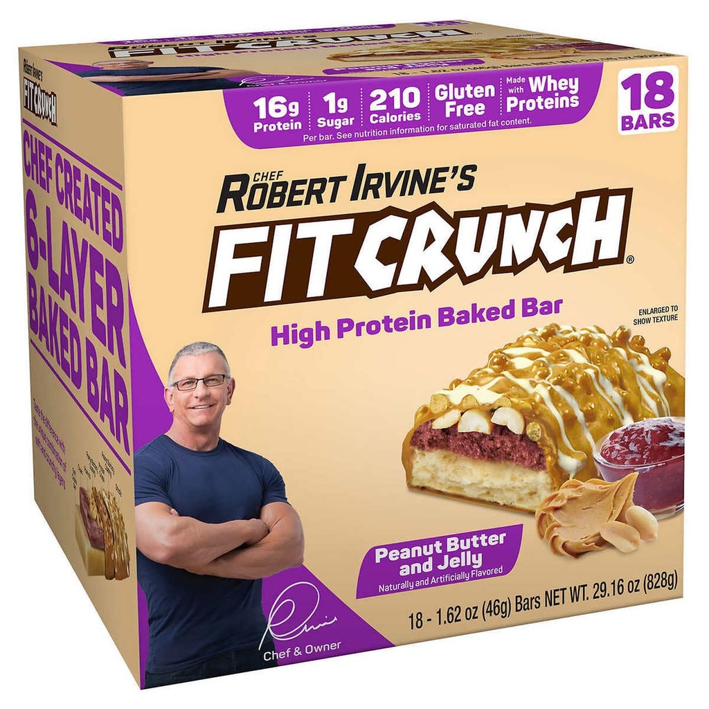 FITCRUNCH Snack Size Protein Bars, 6-Layer Baked Bar, 1g Zucker, Gluten Free & Soft Cake Core (18 Bars, Peanut Butter und Jelly)