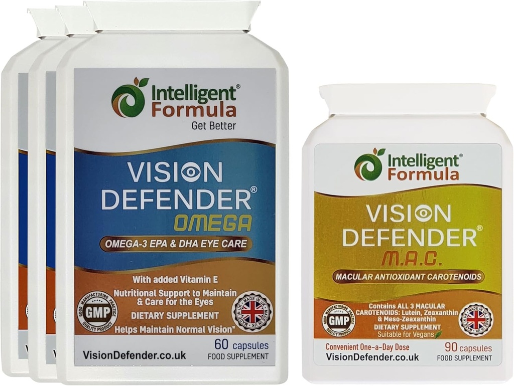 Vision Defender MAC & Omega Allday General Eye-Health Bundle (90 Tage Versorgung). Inklusive Carotinoide Lutein, Zeaxanthin, Omega-3 (DHA, EPA). Hergestellt in Großbritannien von Eye Specialists