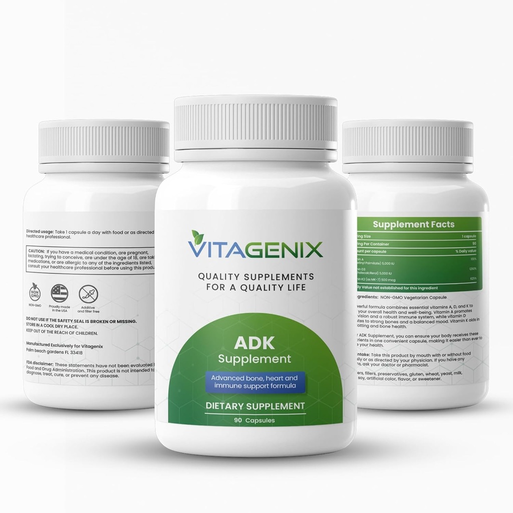 ADK 10 - Vitamin A, D3 & K2 Nahrungsergänzung für Männer und Frauen - Hohe Potenz Vitamin ADK - Hilft Immun-, Knochen- und Herzgesundheit zu unterstützen - 90 Kapseln