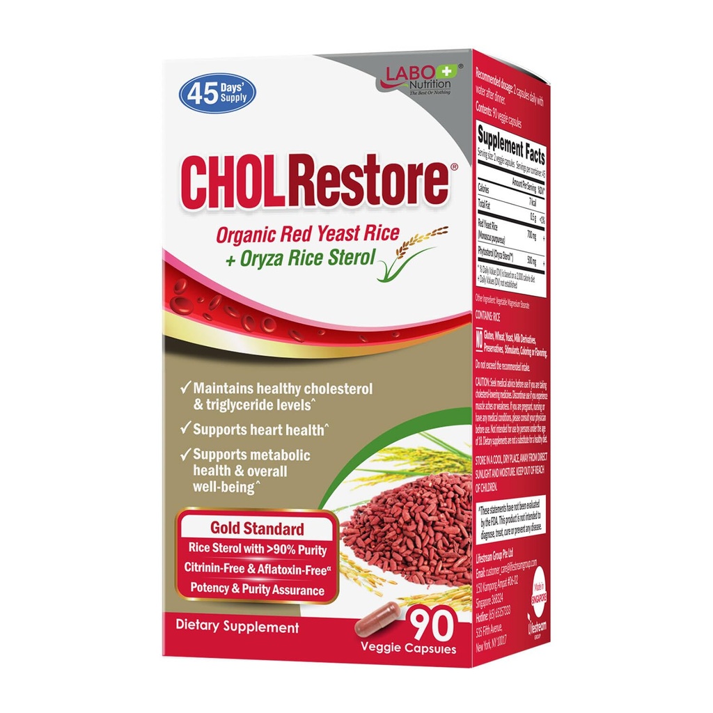LABO Nutrition CHOLRestore – Red Yeast Rice mit Phytosterol Health Supplement, Unterstützt gesunde Cholesterol Levels, Citrinin, Aflatoxin & Soy Free, 90 vegetarische Kapseln