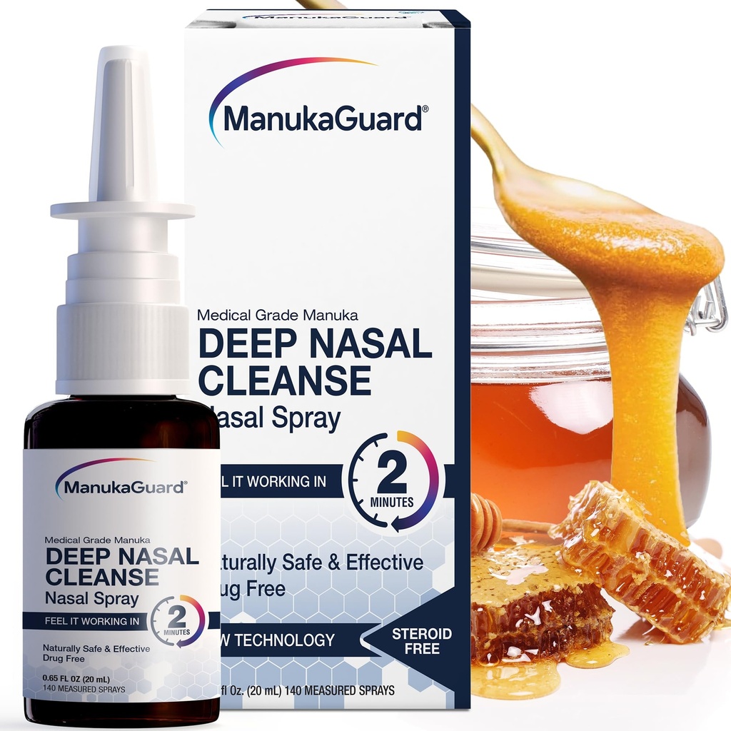 ManukaGuard Medical Grade Manuka Honey Natural Nasal Spray mit Saline Lösung für Congestion Support, Sinus und Allergy Relief, Nasal Moisturizing, Neuseeland Honey, MGO 600, 0.65 fl oz Bottle