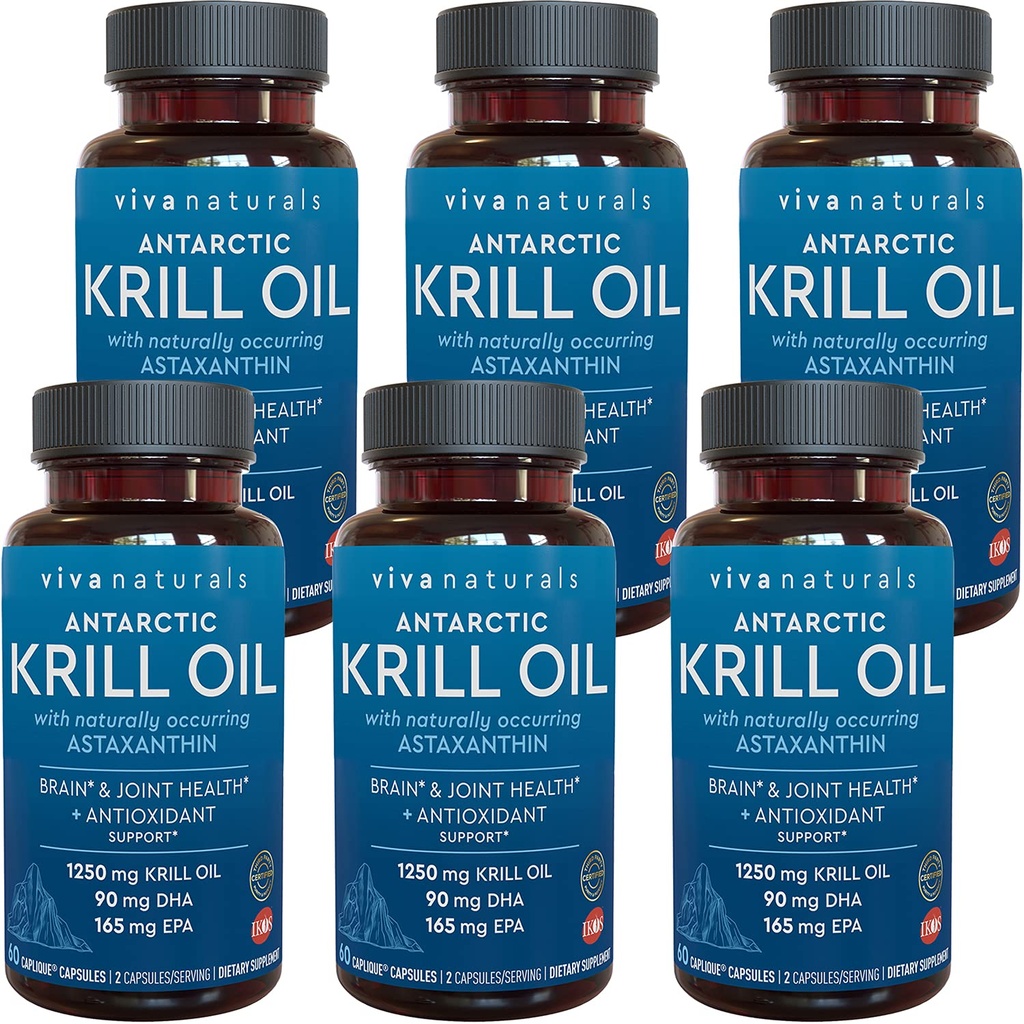 Viva Naturals Antarctic Krill Oil 1250 mg, Omega 3 EPA DHA et Astaxanthin, soutien articulaire et supplément cérébral avec propriétés antioxydantes, aucun arrière-goût de poisson (paquet de 6)