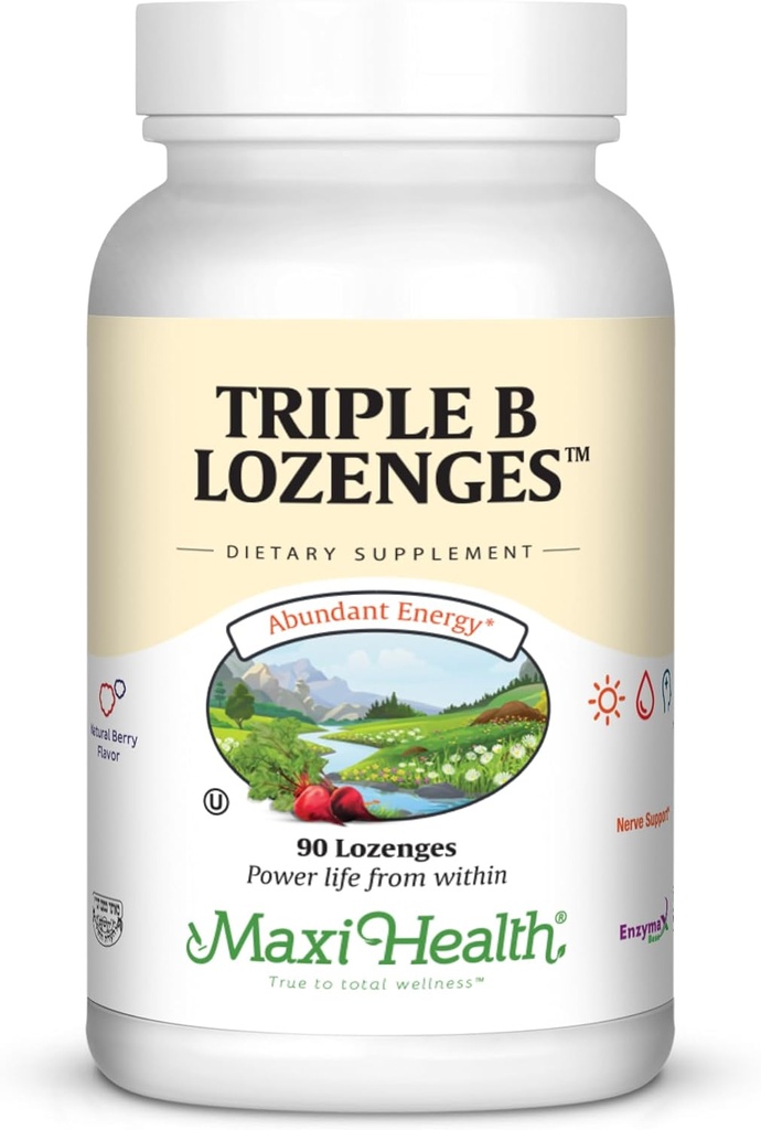 Maxi Health Triple B Lozenges - Vitamin B12 & B6 & Biotin - Erdbeer Flavor - 90 Chewies - Kosher
