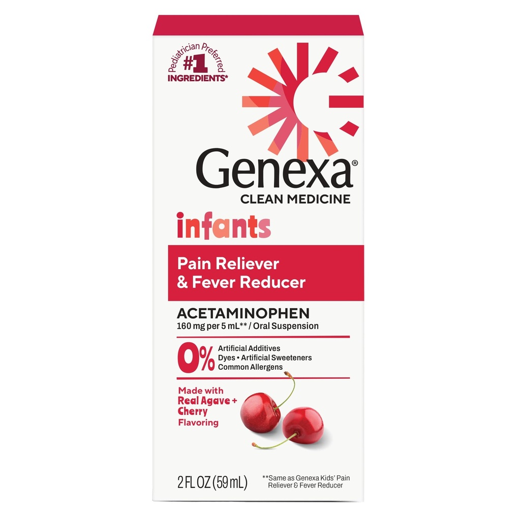 Genexa Infants' Clean Acetaminophen | Pediatrician Bevorzugte Inhaltsstoffe | Pain Reliever & Fever Reducer für Babies| Dye Free, 0% Künstliche Zusatzstoffe | Delicious Organic Cherry Flavor, 2 fl oz