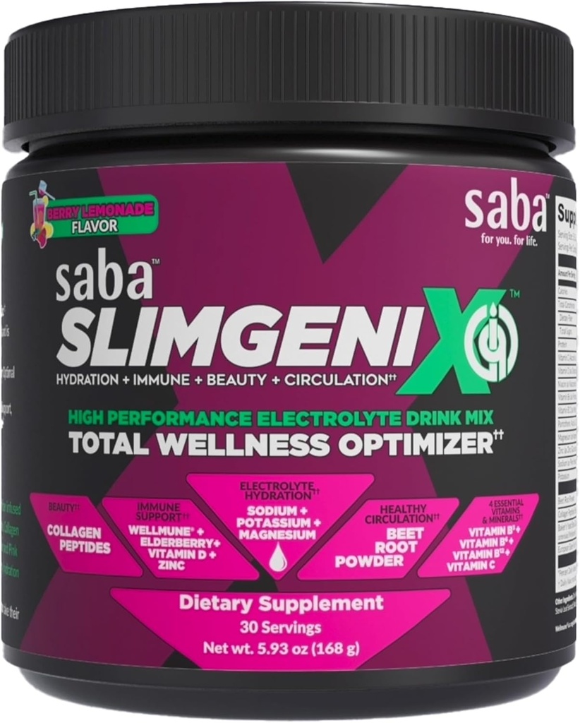 Saba SlimGenix IQ | 4-in-1 Optimierende Getränkemischung | Berry Lemonade Flavor | Hydration + Immununterstützung + Zirkulation + Schönheit | 30 Servietten |
