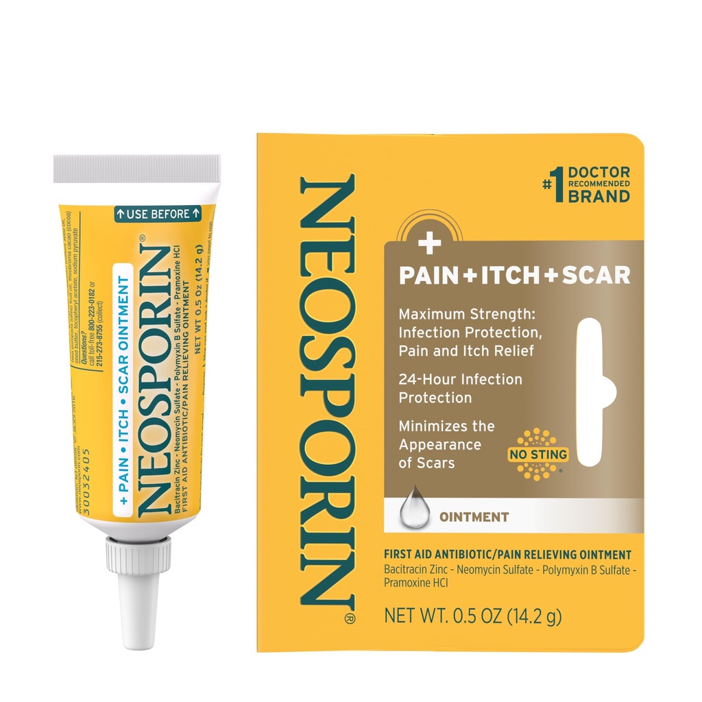 Neosporine Antibiotique analgésique, anti-démangeaison et cicatrice Onguent minimalisateur avec Neomycin et Bacitracine Zinc, protection 24 heures sur 24 contre les coupures mineures, les éraflures et les brûlures,.5 oz