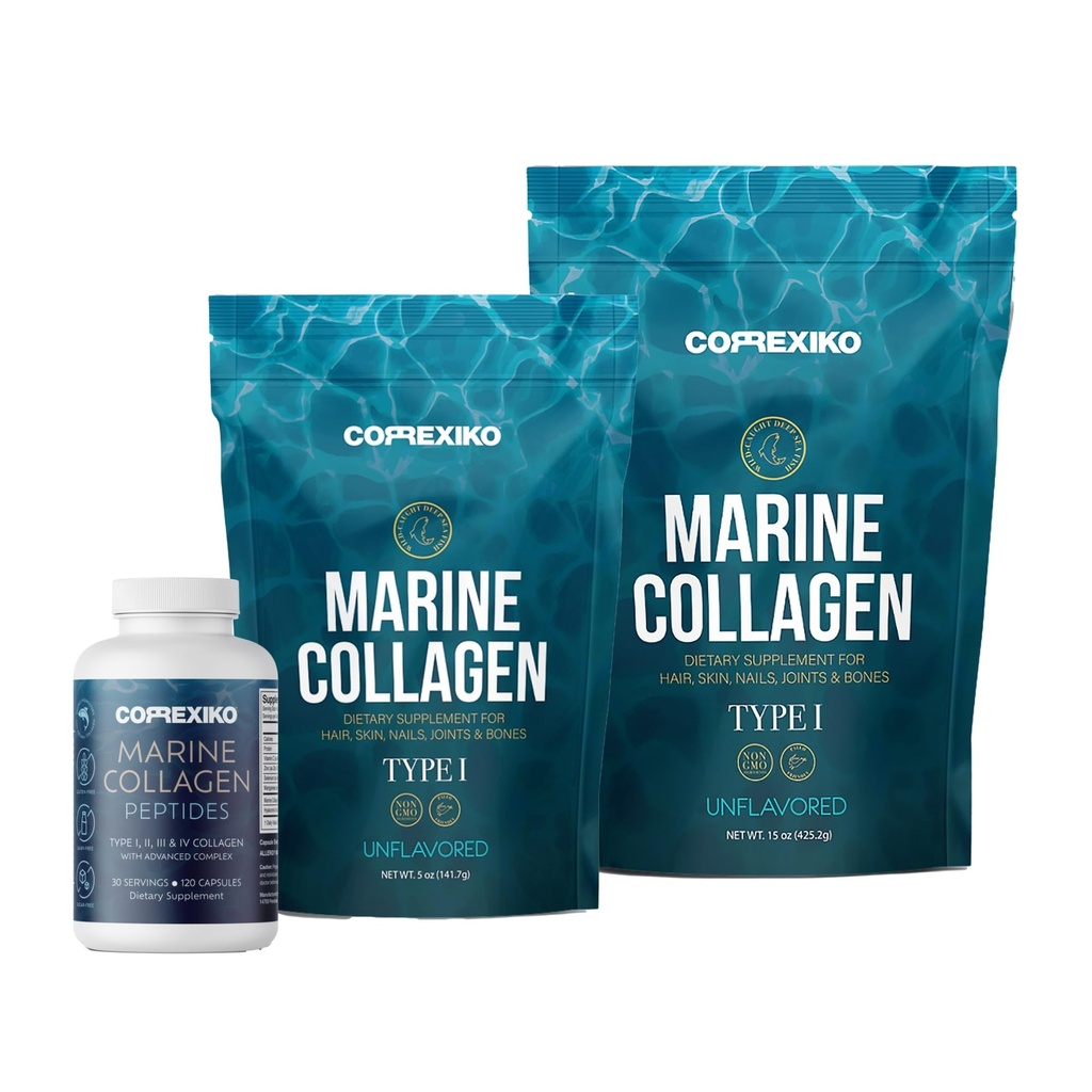 CORREXIKO Marine Collagen Supplement Pillen & Powder Bundle - Inklusive 10.000mg Doppelhydrolysiertes Kollagenpulver 15 oz & 5oz und 1800mg Collagen Peptide 120 Kapseln - für Haar, Haut und Nägel