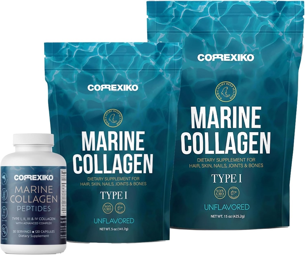 CORREXIKO Marine Collagen Supplement Pillen & Powder Bundle - Inklusive 10.000mg Doppelhydrolysiertes Kollagenpulver 15 oz & 5oz und 1800mg Collagen Peptide 120 Kapseln - für Haar, Haut und Nägel