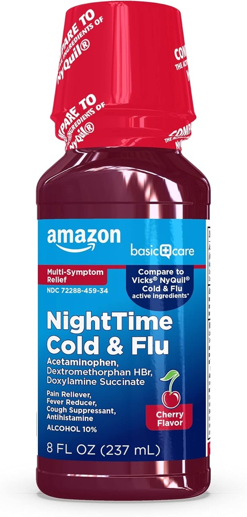   Basic Care Nighttime Cold & Flu Relief Syrup, Pain Reliever, Fever Reducer, Cough Suppressant, Antihistamine, Cherry , 8 fl oz (Pack of 1)