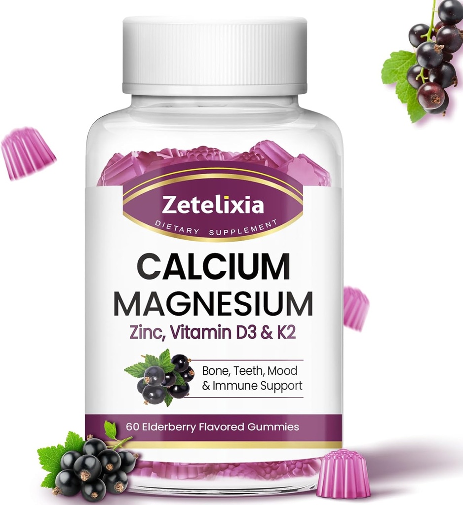 Calcium-Gummi mit D3, Calcium-Magnesium-Ergänzung mit Glycinat,Potassium,Vitamin D3 & K2, &amp; Whole Natürliche Lebensmittel für Knochen & Immununterstützung- 60 Kaugummi-Erdbeeren-Flamour