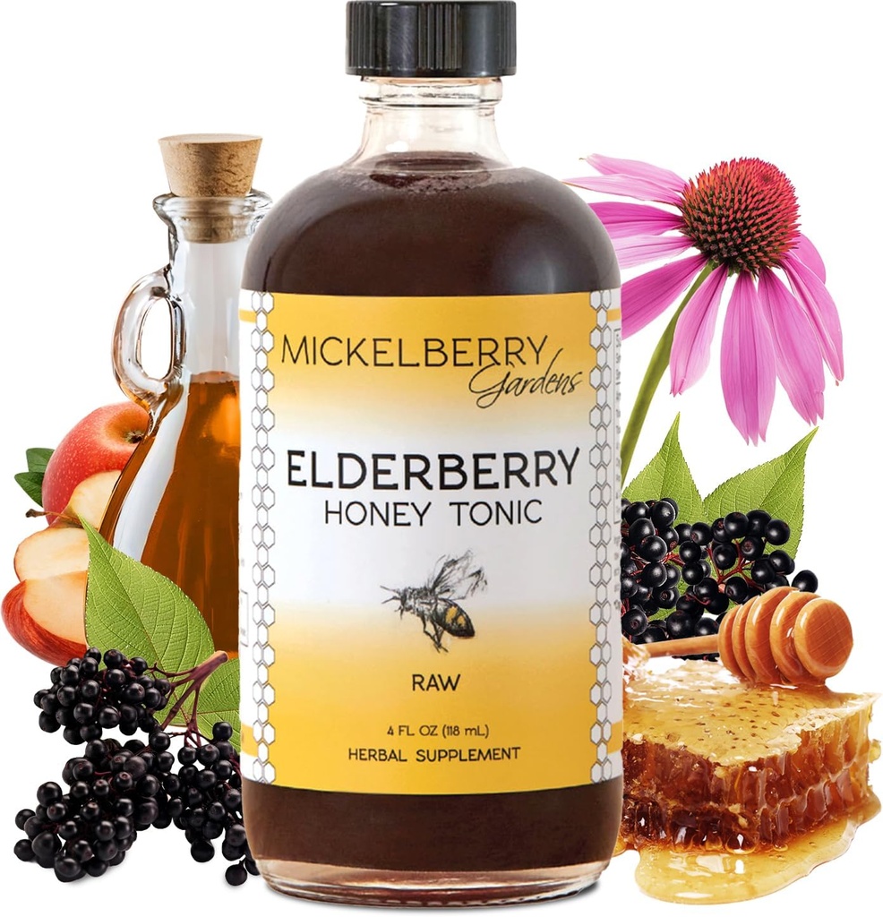 Mickelberry Gardens Elderberry Honey Tonic, Sambucus Syrup, Black Elderberry - Immununterstützung für Erwachsene und Kinder (4 Unzen)