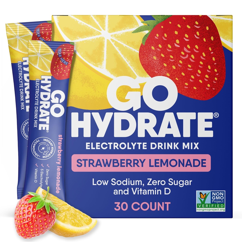 GoHydrate Low-Natrium-Elektrolyten Pulver-Packets Sugar Free - Instant Hydration Daily Drink Mix - Zero Sugar Water Flavor Packet Singles mit Vitamin D - (Strawberry Lemonade, 30 Packs)