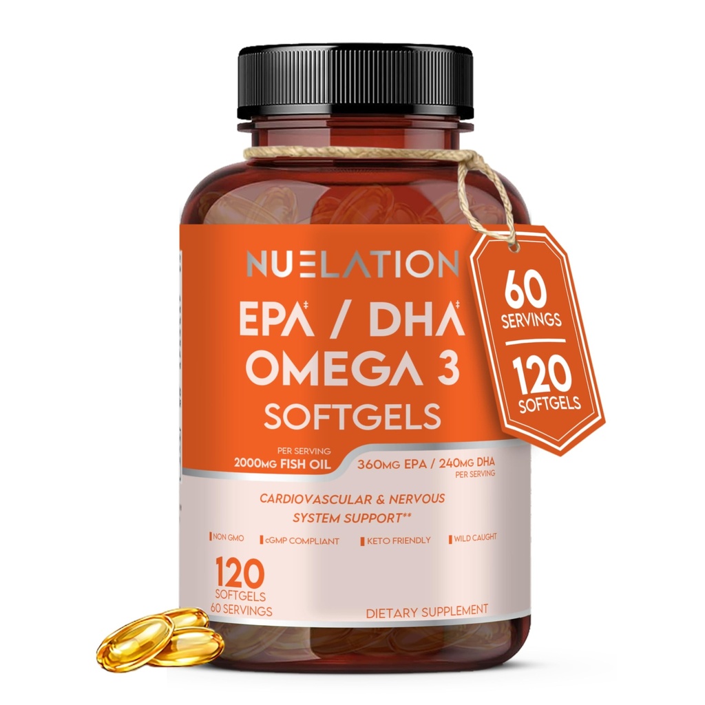 Omega 3 Fischöl 2000 mg. Fischöl Omega 3 Ergänzungen zur Unterstützung Herzgesundheit, Gehirnfunktionen und Herz-Kreislauf-System - Non-GMO, Gluten-Free & Keto-Friendly - 60 Servietten, 120 Softgels
