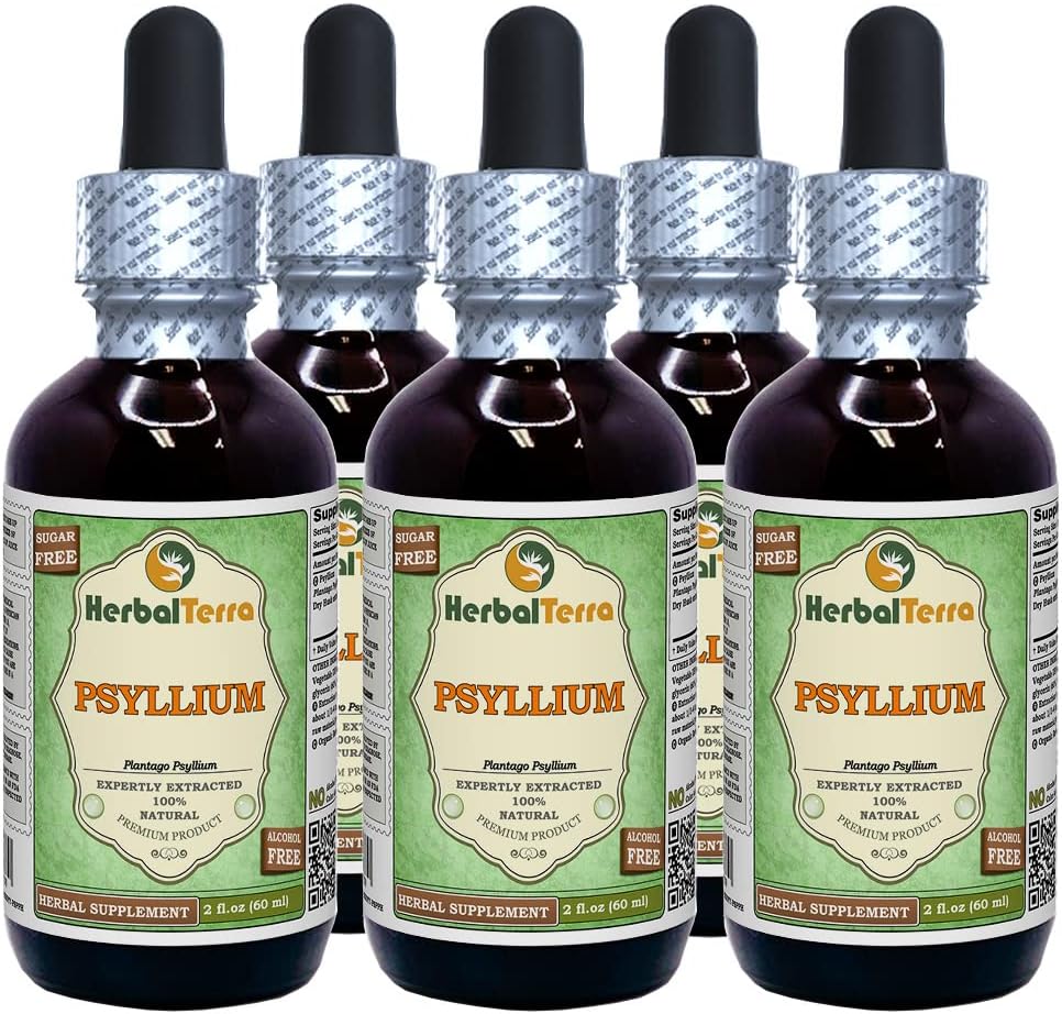Psyllium (Plantago Ovata) Glycerit, Organic Dried Husk Alcohol-Free Liquid Extract (Markenname: HerbalTerra, Proudly Made in USA) 5x2 fl.oz (5x60 ml)