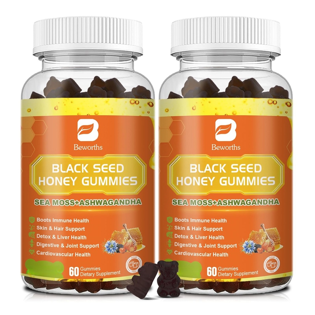 (2 pack) Huile de graines noires de mousse de mer Gummies avec Ashwagandha, root de Burdock, miel de Linden, mûre aînée, curcuma, vitamine C, D3 et zinc - soutient l'immunité, les articulations, la digestion, les cheveux et la peau, Gummes végétaliens 120