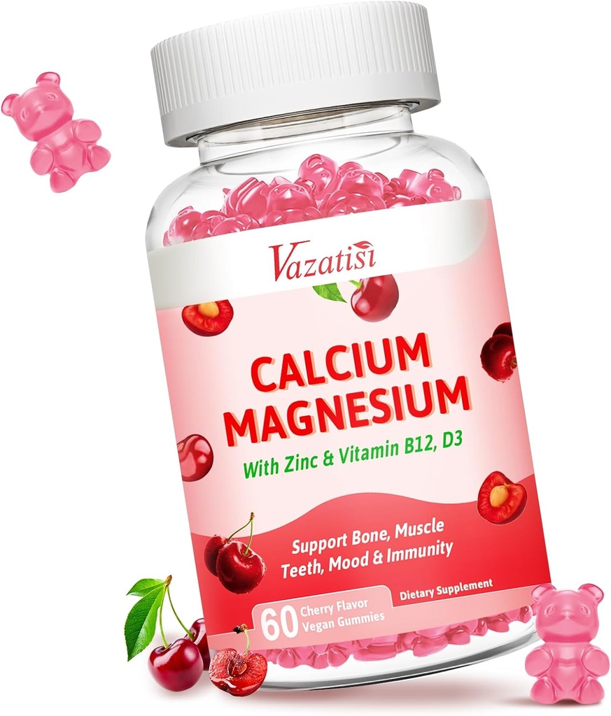 Calcium Magnesium Zink-Gummien, Calcium Magnesium 2:1 Verhältnis mit Vitamin D3 & B12 zur Unterstützung von Muskel, Stimmung und Immunität, 60 Vegan Cherry Flavor Gummis