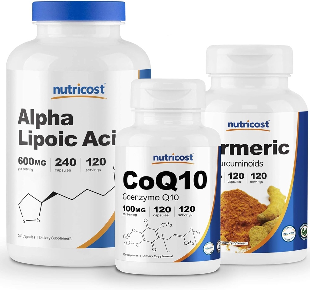 Nutricost Alpha Lipoic Acid 600mg, 240 Caps & CoQ10 100mg, 120 Caps & Turmeric 500mg, 120 Caps mit BioPerine