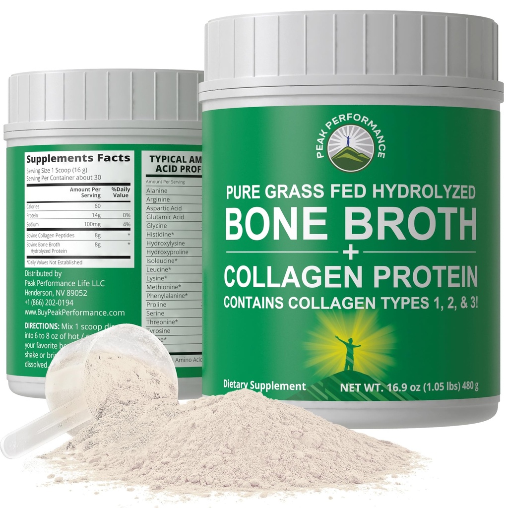 Performance maximale Hydrolysed Bone Broth and Collagen Incolored Protein Peptides Powder Contient tous les types de collagène: 1, 2 et 3. Pâturage pur, herbe élevée Fed, paléofriendly, gluten + sans lait