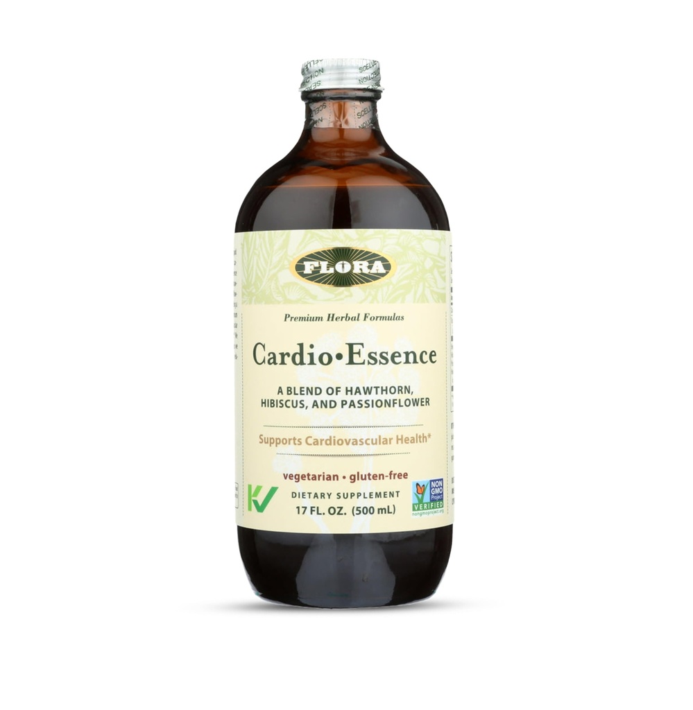 Flora - Cardio-Essence, Relaxing Blend of Hawthorn, Hibiscus & Passionflower, Vegetarisch, Gluten Free Daily Tonic, 17-fl. oz. Glasflasche