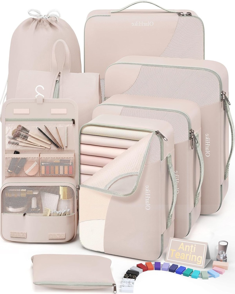 10 Set/8 Set Verpackung Cubes für Reisen, Geschenke für Damen Mom, Anti-Tearing Suitcase Organizer für Gepäck mit Schuh & hängenden Toilettenpapierbeutel,OlarHike Urlaub Essentials & Zubehör für Kreuzfahrtschiff,Cream