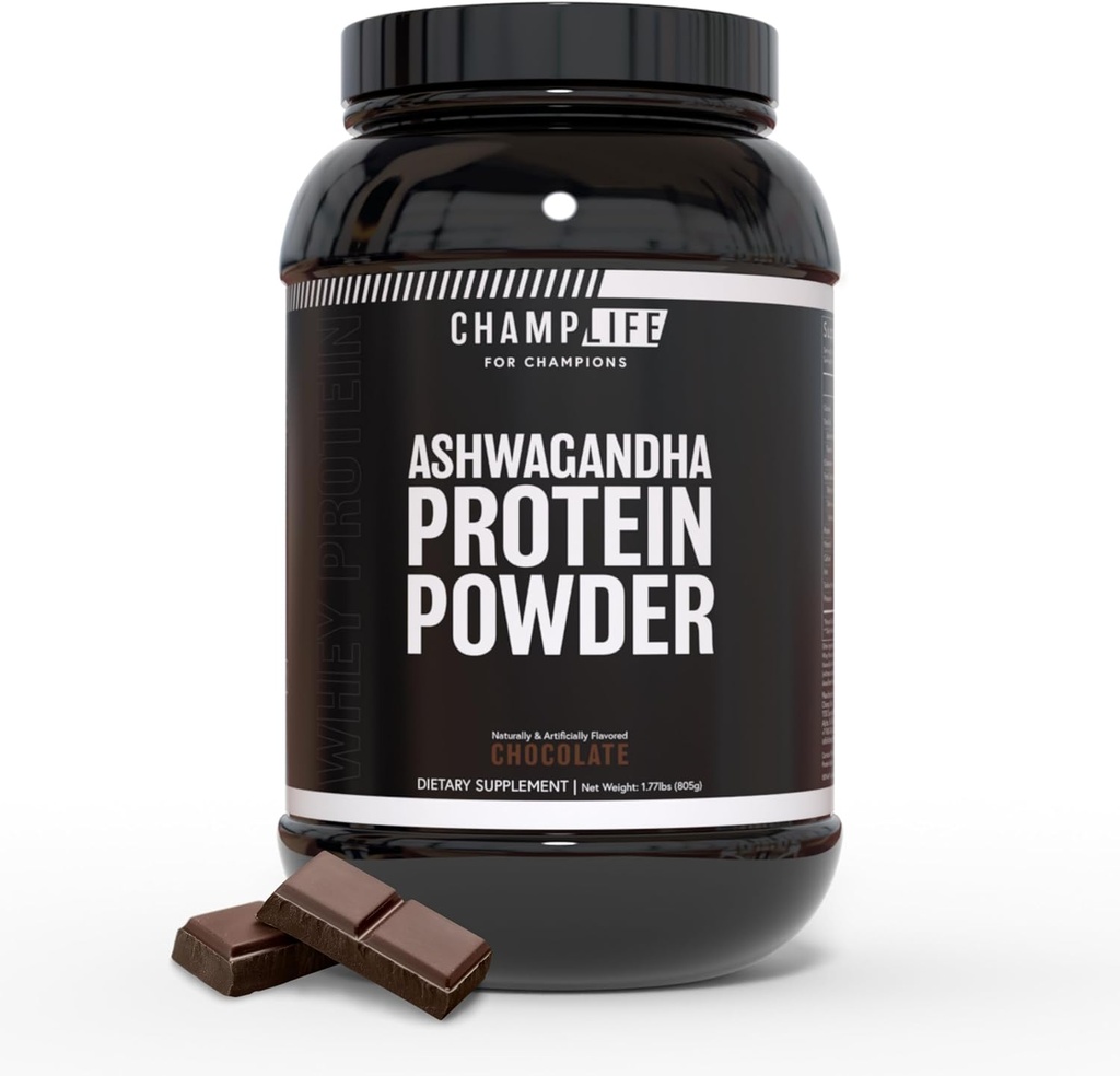 Poudre de protéines d'Ashwagandha – Poudre de protéines de chocolat de 24g – Poudre de protéines de Whey avec poudre d'Ashwagandha – Pas d'ajout de sucre et sans gluten – 25 portions