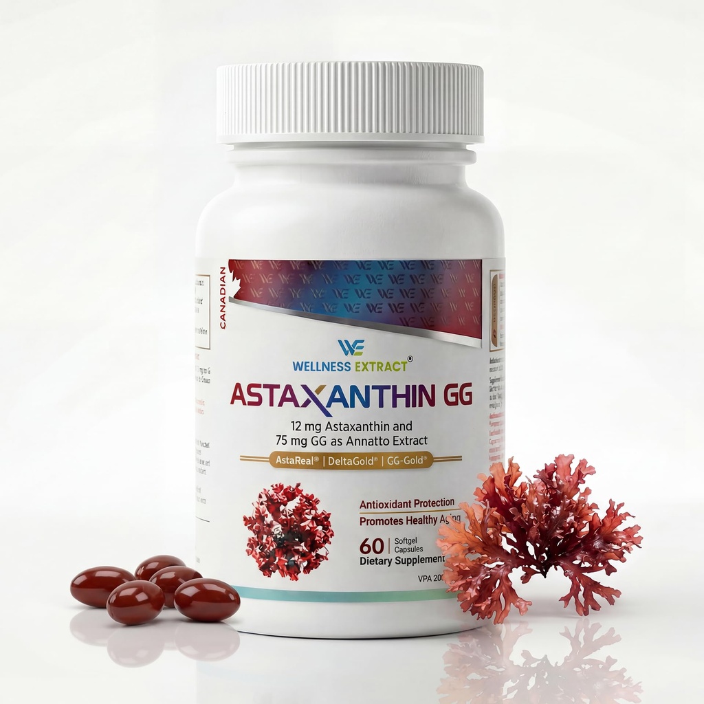 Supplément d'Astaxanthin 12mg – AstarealTM Astaxanthin avec GG-Gold® Geranylgeraniol & DeltaGold® Tocotriénols, puissants antioxydants pour la santé des yeux, de la peau et du coeur – 60 Softgels