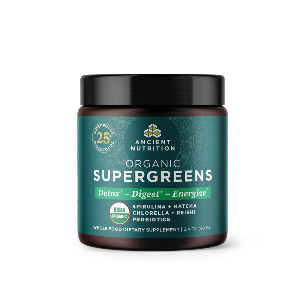 Ancient Nutrition Bio SuperGreens Poudre avec Probiotiques, Bio Greens Saveurs Verts, Fabriqué à partir de Fruits, Légumes et Herbes Réels, Soutien Digestionnel et Énergie, 12 Servants, 3.4oz