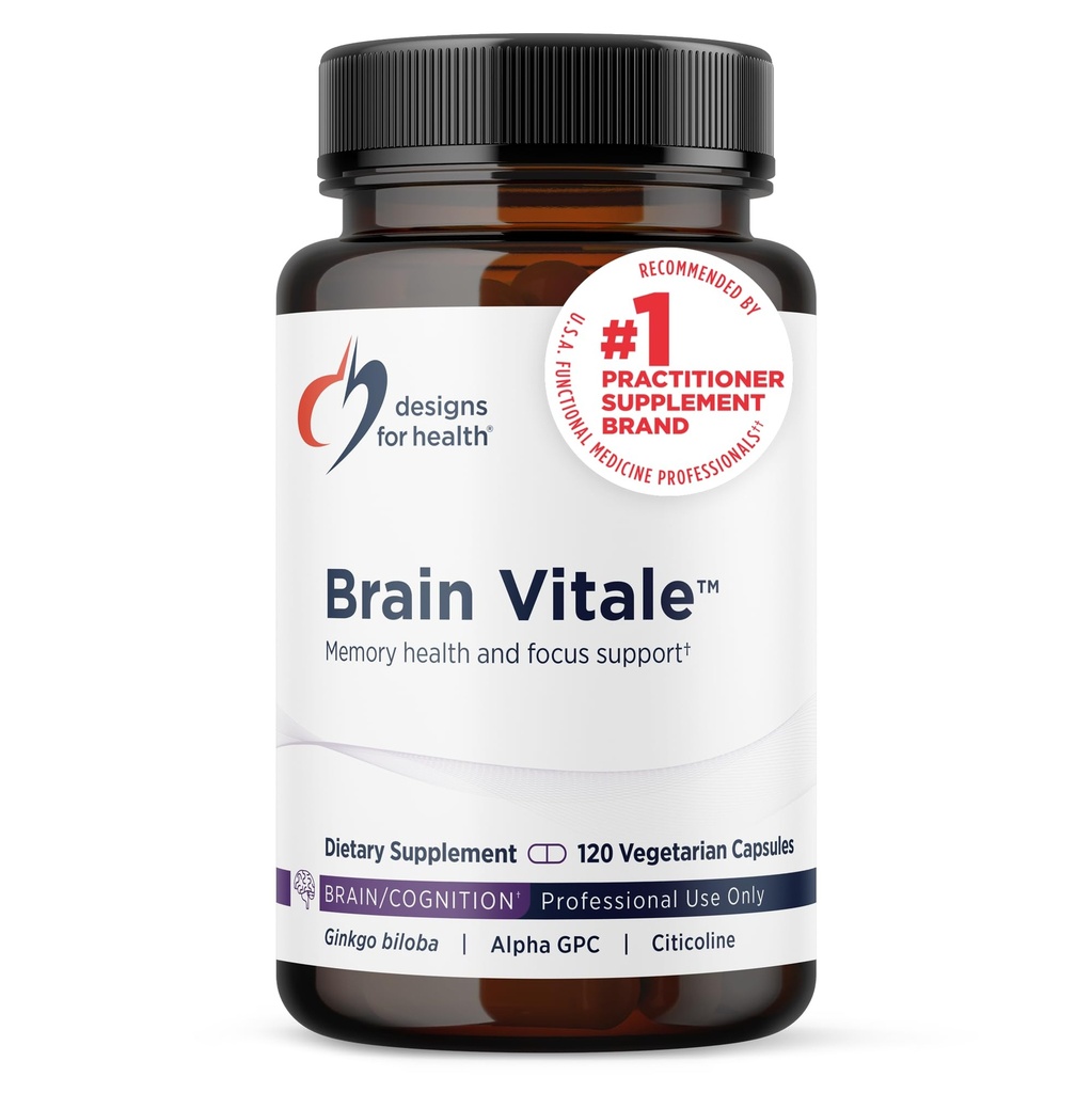 Designs für Health Brain Vitale mit Cognizin Citicoline - 'Nootropic' Ergänzung zur Unterstützung Kognition, Stimmung + Gedächtnis mit GPC Choline, Ginkgo + Acetyl L Carnitine HCL (120 Kapseln)